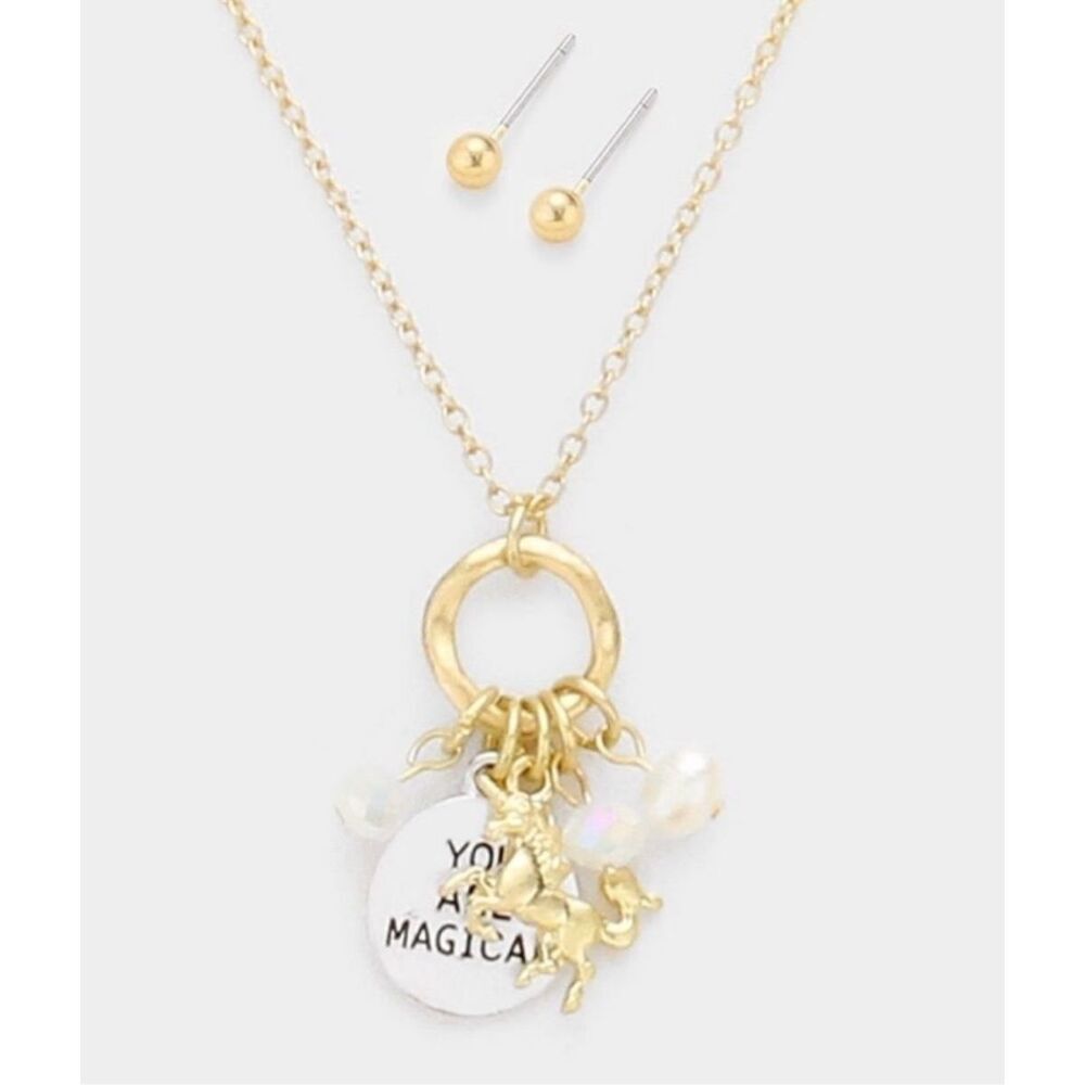 Brand New Boutique You Are Magical Unicorn Hammered Gold Necklace & Earring Set